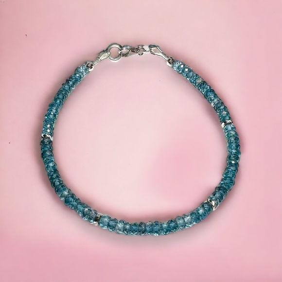 Handcrafted Solid 14K White Gold Natural London Blue Topaz Bracelet , 7.3" - Picture 9 of 11